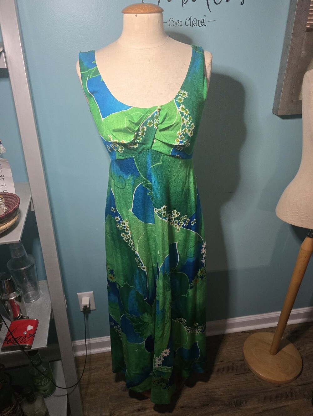 Vintage Royal Surf Green & Blue Floral Hawaiian Maxi Dress